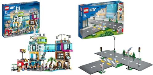 Lego 60380 City Downtown, Modular Building Set, Casa Giocattolo con Stanze Combinabili & 60304 City Piattaforme Stradali, Set di Basi per Strade con Lampioni Fosforescenti