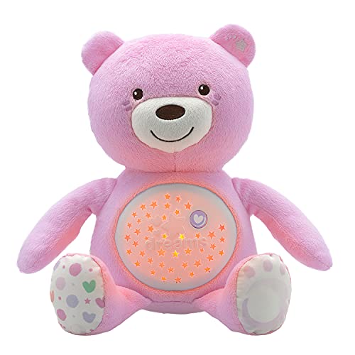 Chicco First Dreams Orsacchiotto Peluche Baby Bear, Soffice Pupazzo Proiettore con Luce Notturna Bambini, Effetti Luminosi e Rilassanti Melodie, Rosa Giochi Neonato 0 Mesi +