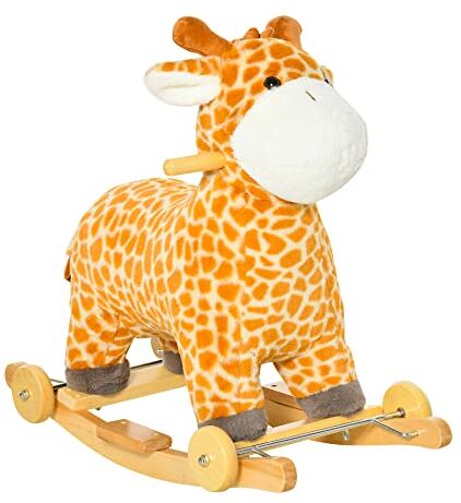 HOMCOM Cavallo a Dondolo per Bambini a Giraffa con Ruote e Suoni, Gioco Cavalcabile per Bambini 3-6 Anni in Peluche e Legno, 63x38x63cm, Giallo