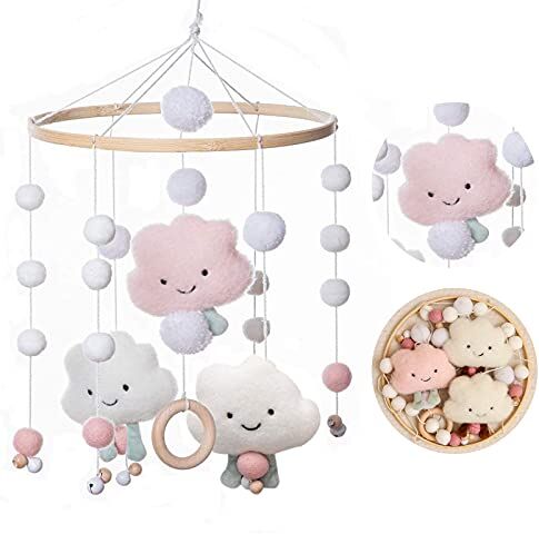 Promise Mobile Grandi Nuvole Giochi di Vento Feltro Palla Nuvole Mobile Baby Room Legno All'uncinetto Mobile Baby Boys Ragazza Letto Campana Pendente Letto Del Bambino Decorazione Nuvole Mobile