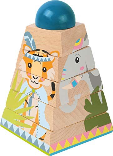 Small Foot Cubo puzzle tower "Jungle" in legno, con 4 motivi animali e 5 elementi rotanti, da 12 mesi.