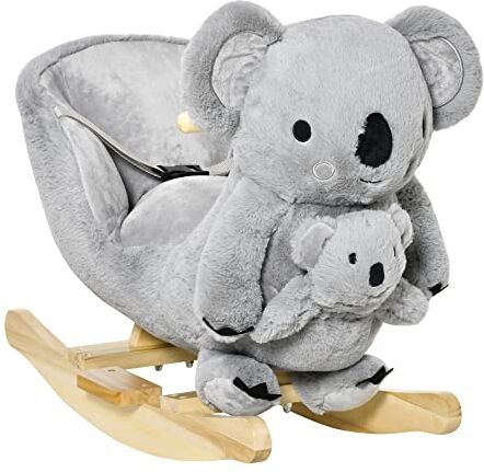 Homcom Cavallo a Dondolo Koala con Suoni, Cavalluccio a Dondolo per Bambini 18-36 Mesi in Peluche Grigio e Legno, 60x33x50cm