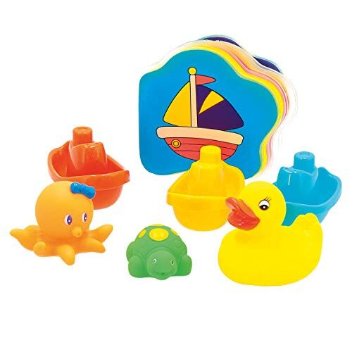 BIECO 27.005.000-7 pezzi gioco Bagno set con Badebuch, Wasserpielzeug con tre animali, tre barche e prenota un bagno gioca per gli spruzzi, giocattoli da bagno per i bambini da 6m +