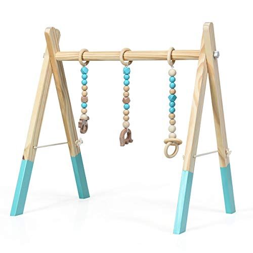 GOPLUS 3 in 1 Palestra Bambini Legno, Palestrina Pieghevole, Altezza Regolabile, con 3 Sospesi Giocattoli Sensoriali, Neonati 3+Mesi, Vari Allenamenti di Corpo, 44x60x60 cm (Verde)