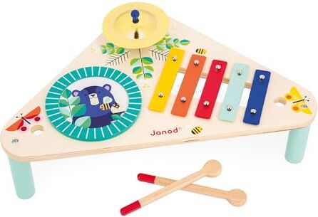 Janod Tavolo Legno Gioia-3 Strumenti Bambini-Giocattolo Musicale di Imitazione-Vernice a Base d'Acqua-dai 12 Mesi, , Multicolore