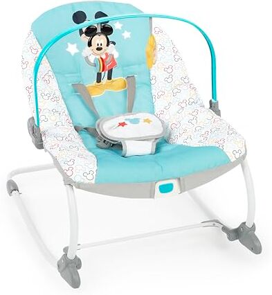 Bright Starts Disney Baby Sdraietta Mickey Mouse Original Bestie, Sedia con Vibrazioni Rilassanti, Arco di Gioco Rimovibile, 2 Giocattoli, Blu, Neonato 0-30 Mesi Fino a 18 Kg