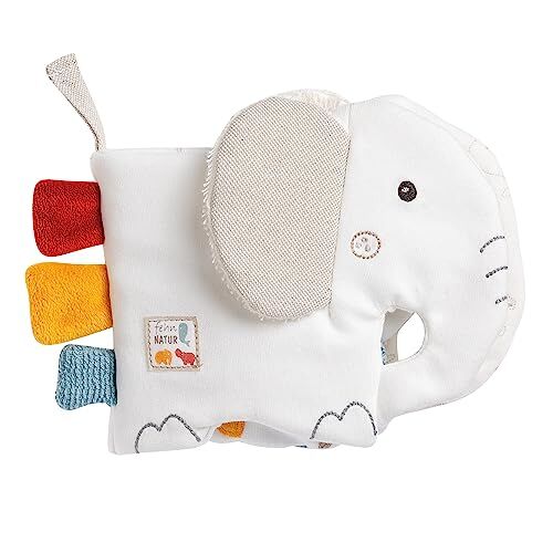 Fehn Soft libro illustrato elefante Libro tattile in cotone biologico con motivi di animali Libro in tessuto da appendere per carrozzina e seggiolino auto per neonati e bambini da 0 mesi