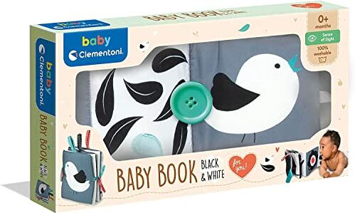 Clementoni Baby Book, Stoffa Gioco Bianco e Nero, Morbido Neonato sensoriale Primi mesi-100% Lavabile in Lavatrice, Colore Libro Black & White,