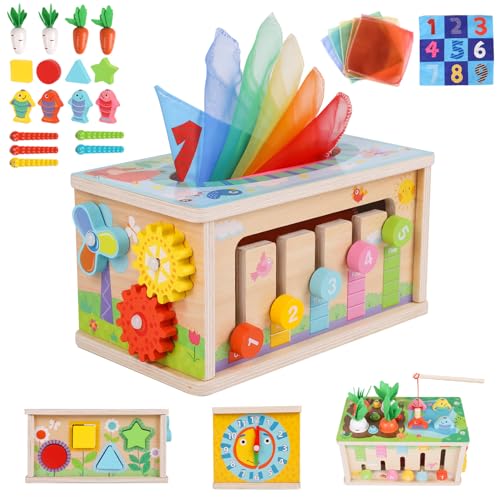 LZDMY Scatola di Fazzoletti Tessuto Bambino 6 9 12 18 Mesi Giochi Montessori 1 Anno Bambini Giochi Neonato, 6 in 1 Giocattoli Educativi Sensoriali Cubo Multiattivita Legno Giochi Pesca Bambina Regalo