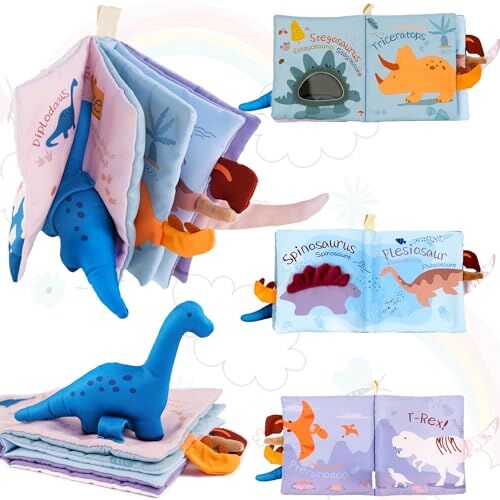 Richgv Libro di Stoffa per Neonati.Giochi Neonato 0-3-6-12 Mesi.Libro Montessori Interattivo con Specchio & 7 Dinosauri.Sensoriale Tattile attività Libri Bambini 1 Anno.Regalo Neonato Maschio