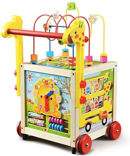 COIL Carrello in Legno 10 in 1, Scivolatore, Giocattolo Educativo, Camminatore, Auto da Apprendimento, Cubo Didattico, Orologio, Puzzle, Abaco, dai 18 Mesi Girello Per Bambini Carrello per Bambini