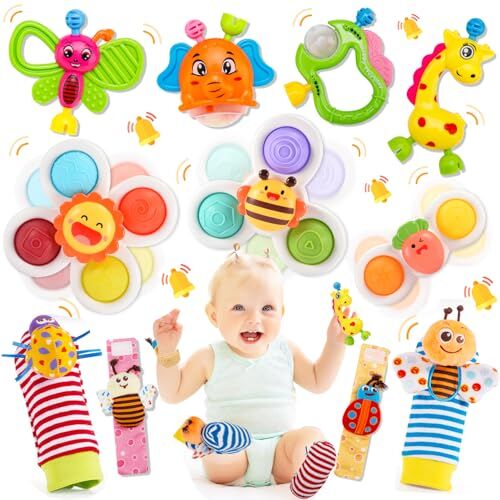 Adeokay Giochi Neonato 0-3-6-9 Mesi,Sonaglio Neonato 0-3-6 Mesi Regalo Bambino 1 Anno Spinner Bambini Giochi Montessori Gioco Seggiolone Ventosa Calzini Sonaglio Neonato Regalo Giochi da Viaggio