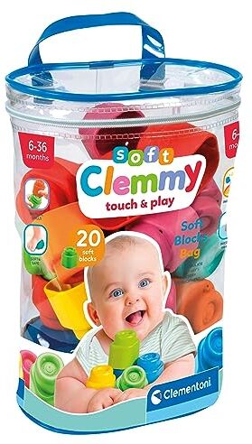 Clementoni -Soft Sacca 20 Set Costruzioni Prima Infanzia, Mattoncini Morbidi Clemmy, Blocchi Bambini 6 Mesi, Gioco Sensoriale, Impilabili, 100% Lavabili, Made in Italy, Colore Multilingua