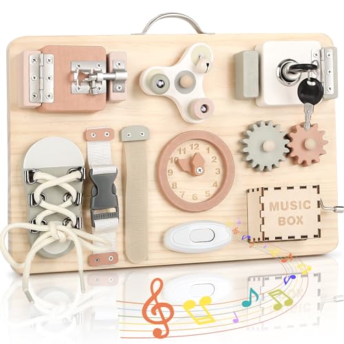 Joyreal Pannello Sensoriale Bambini Montessori Legno Busy Board Giochi Montessori 1 2 3 Anni Tavola Sensoriale con Carillon Specchio Neonati Giochi Educativi Regalo