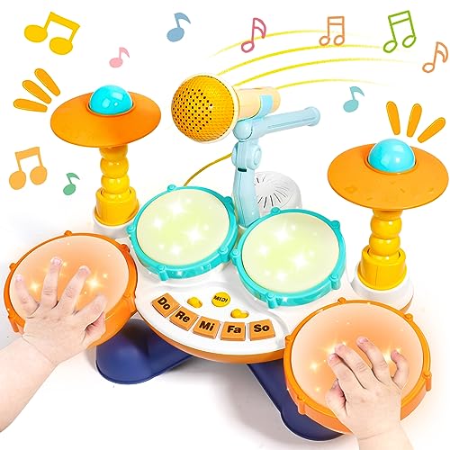 Akokie Giochi Bambini 1 Anno Tamburo Giocattoli Bambino 1 Anno Strumenti Musicali Batteria Bambini Suono Luce giochi educativi Regalo Bambino bimbo 1 2 3 Anno Maschio Ragazza(arancione)