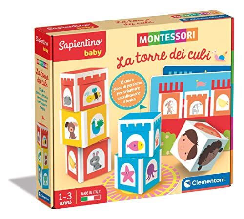 Clementoni - Sapientino Baby Torre dei cubi-Gioco Educativo 1 Anno (Versione in Italiano), Giochi Montessori, Made in Italy, Multicolore,