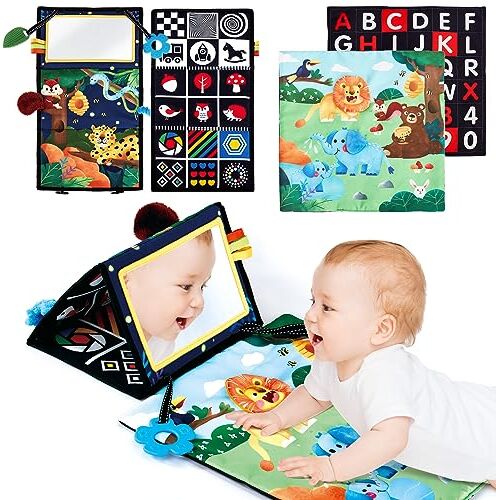 hahaland Specchio Neonati Giochi Neonato 0 3 6 Mesi, Libro Sensoriale con Specchio, Tummy Time Neonati Bianco e Nero Giochi Montessori 6 Mesi Giocattoli Educativi