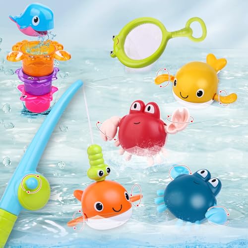 Tenuiskft Giochi da Bagno per Bambini Piccoli, 10 Pezzi Gioco di Pesca Magnetico , Giochi da Pesca, Giochi da Bagno con Galleggianti, Giochi da Nuoto Senza Muffa e Tazze Impilabili per Bambini Piccoli e Neonati