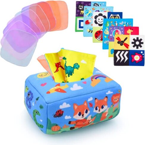 KidsPark Giochi Montessori 6 Mesi Scatola di Fazzoletti per Neonati, Scatola Interattiva in Tessuto Montessori con Carte Increspate e Sciarpe, Giocattoli Sensoriali Tissue Box Toy per Neonati, Volpe