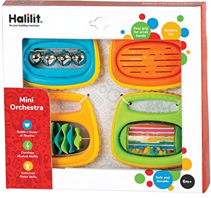 Edushape Halilit Mini Orchestra Baby Gift Set. Includes 4 Colourful Musical Instruments My Bell, Tambaring, Clip Clap and Rock ‘n’ Roll Rattle, Suitable for Boys & Girls from 6 months +