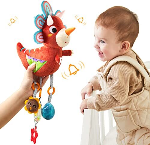 TUMAMA Dinosauro Peluche Sonaglio Giocattolo,Passeggino Giocattoli Appesi,Giocattoli Morbidi Sricchiolano con Carillon a Vento,Giocattolo Attività del Bambino Regalo per Neonati 0,3,6,9,12 mesi(Triceratops)