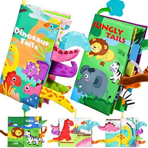 Akokie Tummy Time Neonato Giochi Neonato 0-3 Mesi, 2 Libro Sensoriale Neonati Animale Dinosauri Bambini Giochi Montessori 6 Mesi con Suoni Regalo Battesimo Bimbo Giochi Passeggino Giochi Neonato 3-6-9 Mesi