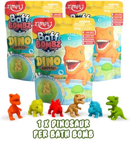 Zimpli Kids 3 bombe da bagno grandi Dino Surprise di , 6 giocattoli dinosauro a sorpresa da collezionare, bagnoschiuma per Natale, riempitivo per calze, regalo di Natale, giocattolo per la paghetta