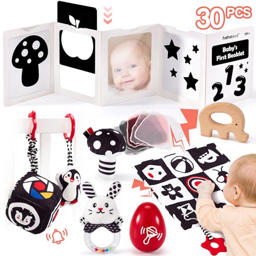 hahaland Giochi Neonato 0-6 Mesi Accessori Utili Neonato Carta Bianco e Nero, Libro Sensoriale, Regalo Montessori per 0 3 6 Mesi, Songlio Neonato, Tummy Time