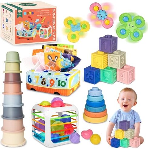 MutoToy Giochi Montessori 6 Mesi, 6 in 1 Giochi Neonato 6-9 Mesi, Giochi Educativi Montessori con Cubi Impilabili, Giochi Sensoriali per Neonati, Gioco Tazze Impilabili, Gioco Seggiolone Ventosa