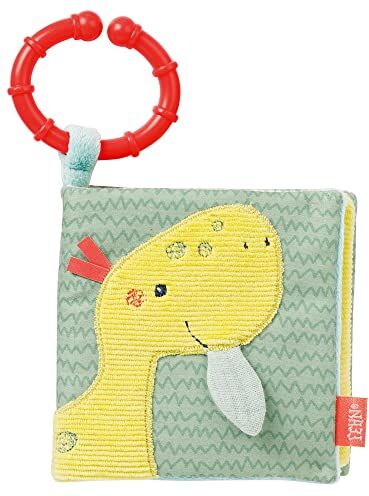 Fehn Soft libro illustrato Happy Dino Libro tattile in tessuto con motivi di animali Libro giocattolo in tessuto da appendere per carrozzine e seggiolini auto per neonati e bambini da 0+ mesi