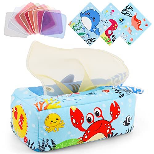 Wodasi Scatola di Fazzoletti per Neonati, Baby Tissue Box Toy Sensoriale con Funzioni Accattivanti, Squalo Scatola Interattiva in Tessuto, Giochi Montessori 6 Mesi Tissue Box