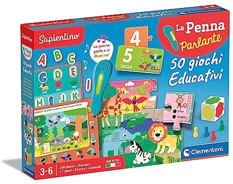 Clementoni - Sapientino 50 Giochi Schede Penna Interattiva, Gioco Educativo 3 Anni, Elettronico Parlante, Made in Italy, Colore Italiano,