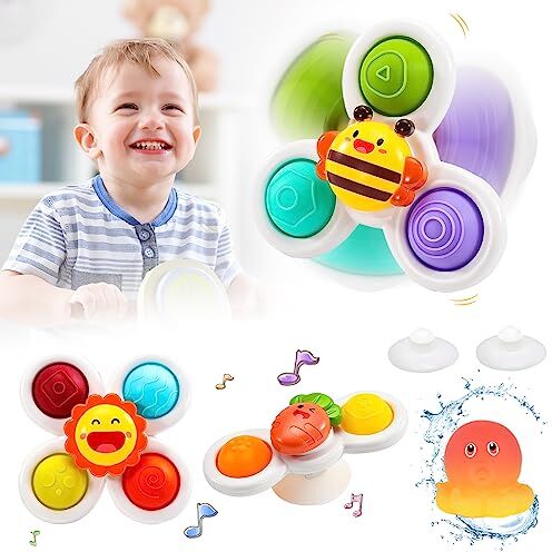 SUNJING Suction Cup Spinner Toys Baby 3 Pezzi Giochi Bagnetto Neonati Bambini Gioco Seggiolone Ventosa Educativi Montessori Neonato Ventosa Top Giocattoli Da Bagno Rotanti Sensoriali 1 2 3 4 5 6 Anno