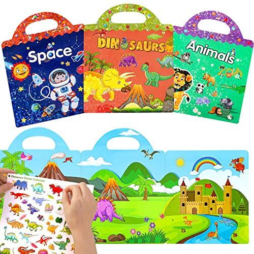 Tbotfip Riutilizzabile impermeabile Sticker Libri Giocattoli per bambini 3 Pack Libri adesivi per età 3-6 anni Ragazzi Ragazze adesivi Animal Space Dinosaur Sticker educativo Regalo