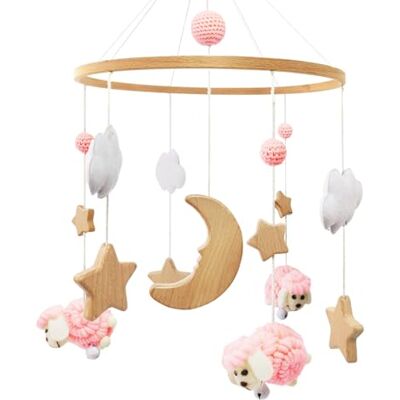 SWECOMZE Mobile in legno a forma di pecora, campanello a vento, nuvole, luna, stella, giocattolo per bambini, regalo per ragazze o ragazzi (rosa) SWECOMZE Mobile in legno a forma di pecora, campanello a vento, nuvole, luna, stella, giocattolo per bambini, regalo per ragazze o ragazzi (rosa)