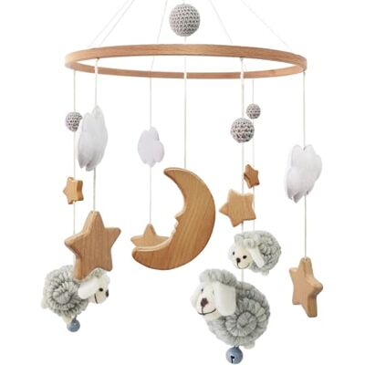 SWECOMZE Scacciapensieri mobili per bambini, in legno di pecora, con nuvole di luna e stella, per letto, giocattolo per bambini, regalo per ragazze o ragazzi (grigio) SWECOMZE Scacciapensieri mobili per bambini, in legno di pecora, con nuvole di luna e stella, per letto, giocattolo per bambini, regalo per ragazze o ragazzi (grigio)