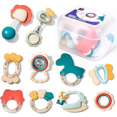 hahaland Sonaglio Neonato 0 3 6 9 Mesi, 10 Pezzi Giochi Neonato 0-6 Mesi Massaggia Gengive per Neonati, Giocattoli Dentizione, Senza BPA, con Conservazione Scatola hahaland Sonaglio Neonato 0 3 6 9 Mesi, 10 Pezzi Giochi Neonato 0-6 Mesi Massaggia Gengive per Neonati, Giocattoli Dentizione, Senza BPA, con Conservazione Scatola