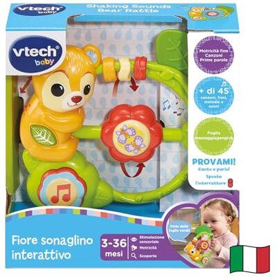 VTech Fiore, Sonaglino Interattivo con Molte Attività per lo Sviluppo della Motricità, Giochi Neonato con Sensore di Movimento, Lingua Italiana, Batterie Incluse, 3-36 Mesi VTech Fiore, Sonaglino Interattivo con Molte Attività per lo Sviluppo della Motricità, Giochi Neonato con Sensore di Movimento, Lingua Italiana, Batterie Incluse, 3-36 Mesi