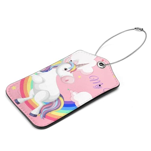 Generic 2 etichette per bagagli con unicorno con arcobaleno su sfondo rosa, per valigie, etichette per bagagli in pelle con anello, set di etichette per carte d'identità e borse da viaggio