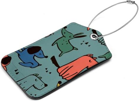 Generic Set di 2 etichette per bagagli in pelle PU con motivo cane blu, corallo, verde, bianco, con anello in acciaio inox, etichetta identificativa