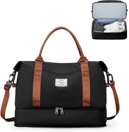 SEAFEW Borsone da Viaggio Donna, 40x20x25 Ryanair Bagaglio a Mano Borsa da Viaggio con Scomparto per le Scarpe, Borsa Sportiva Borsone da Palestra Grande, Borsa da Weekend,Borsa per Ospedale,F9-Marrone nero