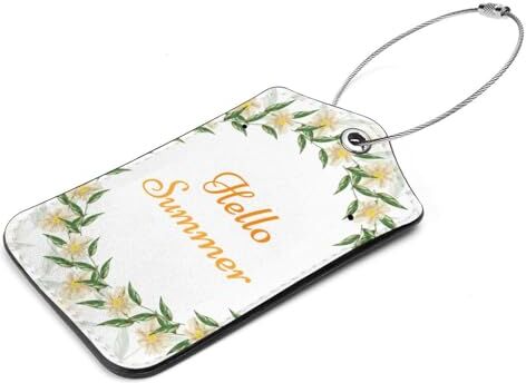 Generic Confezione da 2 etichette per bagagli in pelle con motivo floreale Hello Summer con etichetta identificativa e anello in acciaio inox, per donne e uomini, etichette da viaggio per bagagli