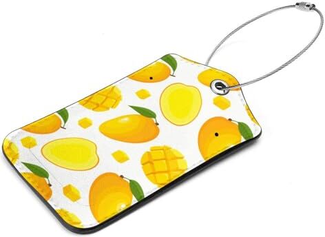 Generic Confezione da 2 etichette estive per bagagli in pelle gialla con frutta tropicale mango dolce per valigia con copertura privacy etichetta ID e anello in acciaio inox, per donne e uomini, etichette da