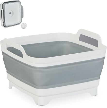 Relaxdays Bacinella Pieghevole con Manici, Catino Rettangolare 9 l, Lavapiatti Campeggio, HLP 20x31x31 cm, Bianco Grigio, Plastica