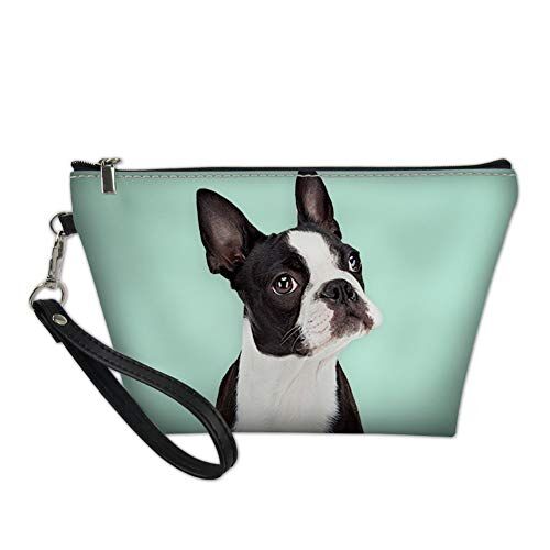 Showudesigns Custodia cosmetica in pelle PU con chiusura lampo con cinturino rimovibile Boston Terrier verde