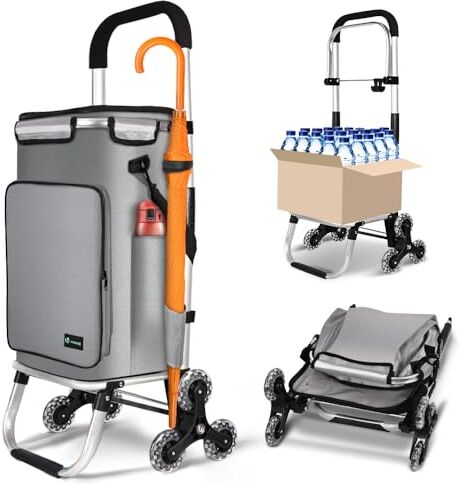 VOUNOT Carrello Spesa Pieghevole in Alluminio, Carrello Portaspesa 6 Ruote con Borsa Termico e Ganci, 50 L, Grigio