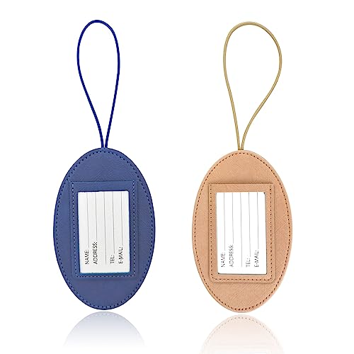 WisePoint Valigia Tags 2 pezzi, in pelle PU bagagli tag con corda elastica, etichette per bagagli da donna con slot per carte e vetrina, etichette ovali per bagagli, bagagli (blu+rosa)