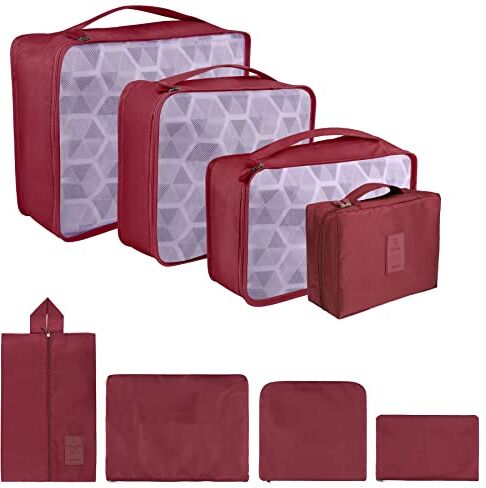 Coolzon Organizer Valigie Viaggio Set 8 Pezzi set, Cubi di Imballaggio Organizer Valigia Perfect Storage Travel Luggage Organizer per i vestiti,Cosmetici,Scarpe,Intimo, Rosso Scuro