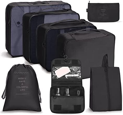 OSDUE Organizer Valigie, 8 Pezzi Waterproof Packing Cube Set, Separatori Buste Viaggio Travel Organizer, Abbigliamento Intimo Calzature Organizzatori Sacchi Valigia di Stoccaggio Set(Nero)