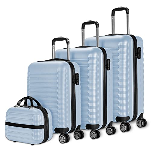 NUMADA Set di valigie 4pzs (53/63/75cm) e borsa da toilette Blu, ABS Resistente, Leggero con 4 ruote doppie e lucchetto combinazione laterale
